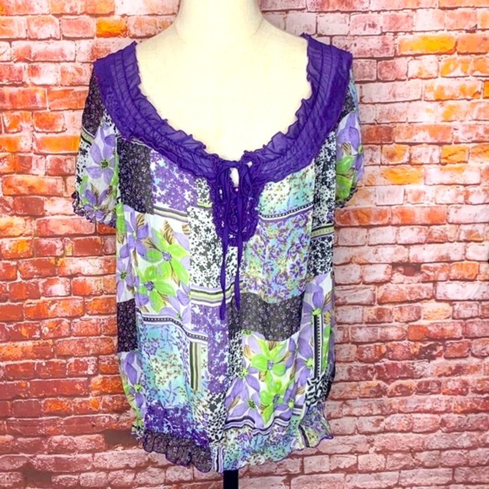 Signature by Larry Levine Purple Floral Boho Patchwork Semi Sheer Peasan…